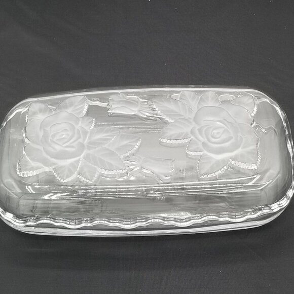 Home Beautiful Crystal Glass Rectangular Dish Frosted Roses Lid Trinket Japan - Picture 3 of 11